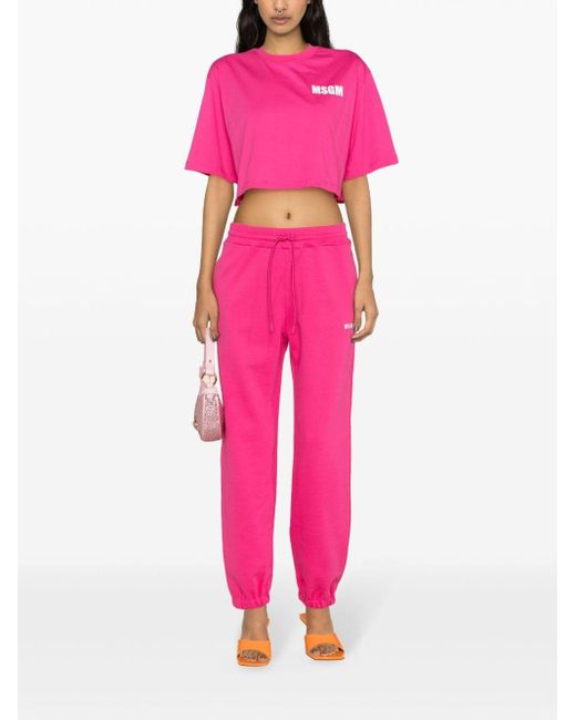 Tシャツ・カットソー MSGM COTTON CROPPED TOP MSGM - Pink Cotton Cropped T-Shirt | Childrensalon Outlet