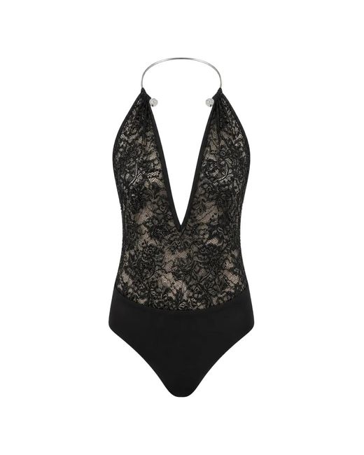 Philipp Plein Black Piercing Collar Open Back Bodysuit Monogram Strass