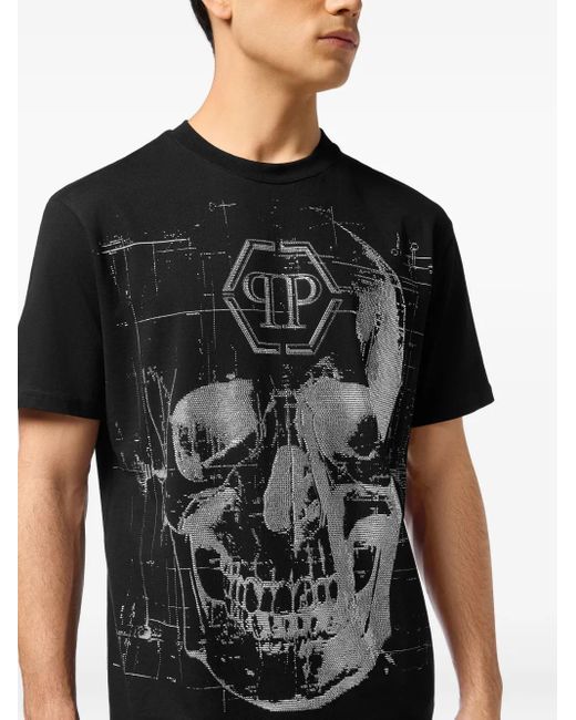 Philipp Plein Black Round Neck T-Shirt Skull Strass for men