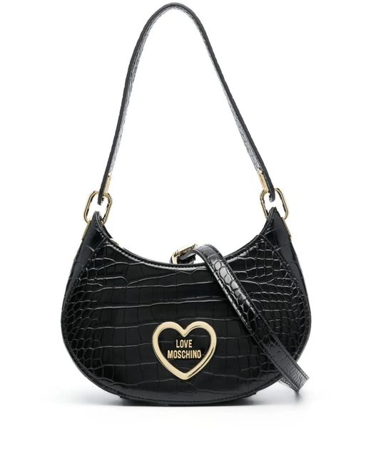 Love Moschino Black Logo-Lettering Crocodile-Effect Shoulder Bag