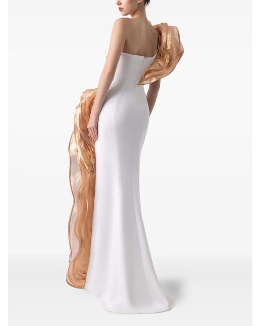 Gaby Charbachy White Ruffle-Detail Side-Split Evening Gown