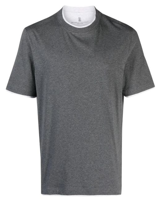 Brunello Cucinelli Gray Cotton Jersey Crew Neck T-Shirt With Faux-Layering Clothing for men