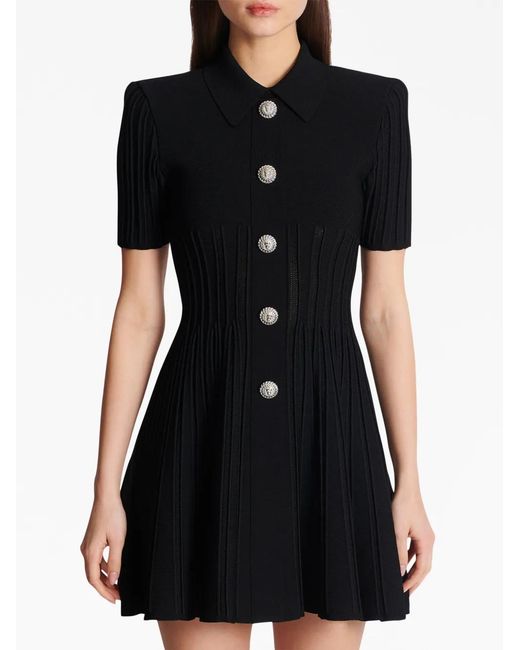 Balmain Black Flared Ribbed-knit Mini Dress