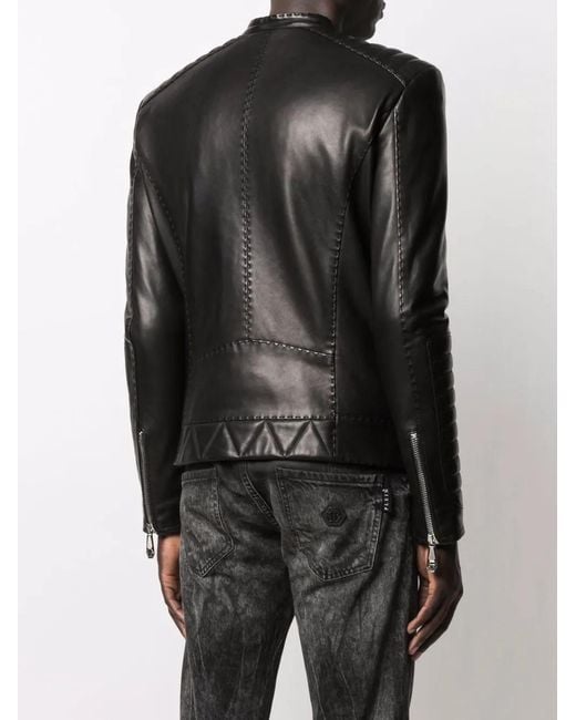 Philipp Plein Black Iconic Plein Leather Jacket for men