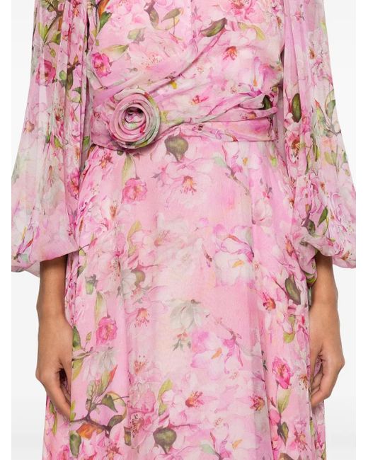 Robe Longue En Soie À Fleur Oversize Appliquée Nissa en coloris Pink