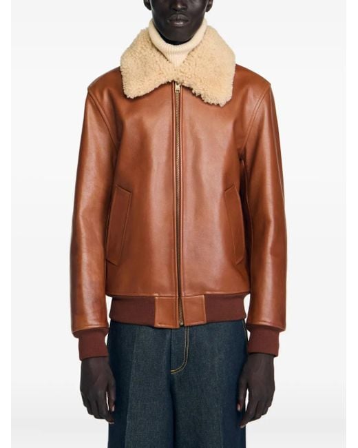 Sandro Brown Shearling Collar Leather Jacket for men