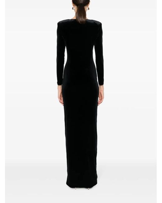 Nissa Black Floral-Detail Velvet Maxi Dress