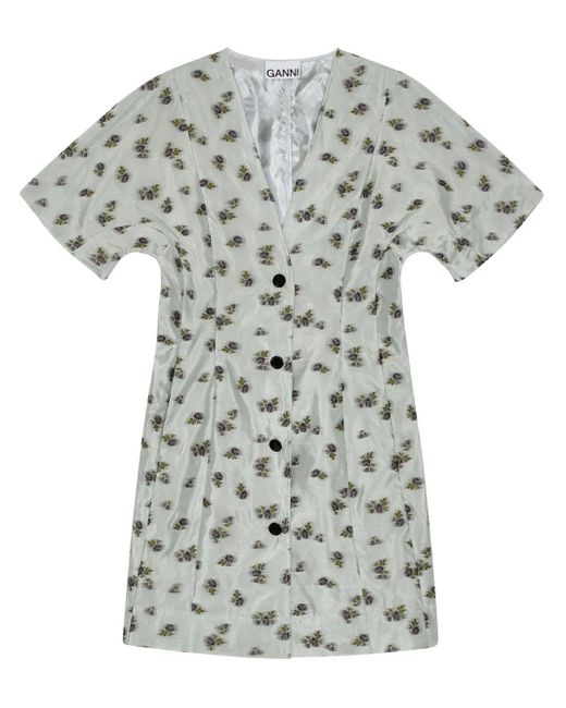 Ganni White Floral Print Buttoned Minidress
