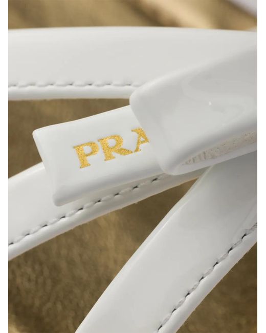 Prada White Sandales Plates En Cuir Verni Et Métallisé