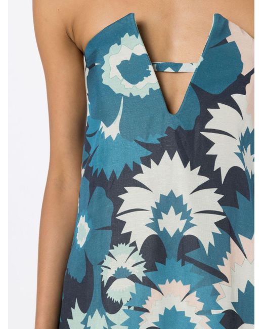 Adriana Degreas Floral-print Strapless Dress in het Blue