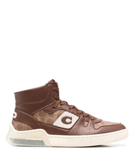 COACH Brown Side Logo-Patch High-Top Sneakers for men