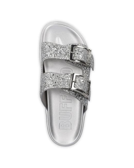 Buffalo White Raya Ari Glam Glitter-Effect Flat Sandals