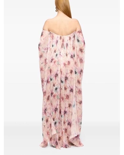 V:PM ATELIER Pink Veronica Plissé Floral-Print Maxi Dress