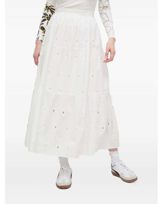 Desigual White Eyelet-Embroidered Tiered Midi Skirt