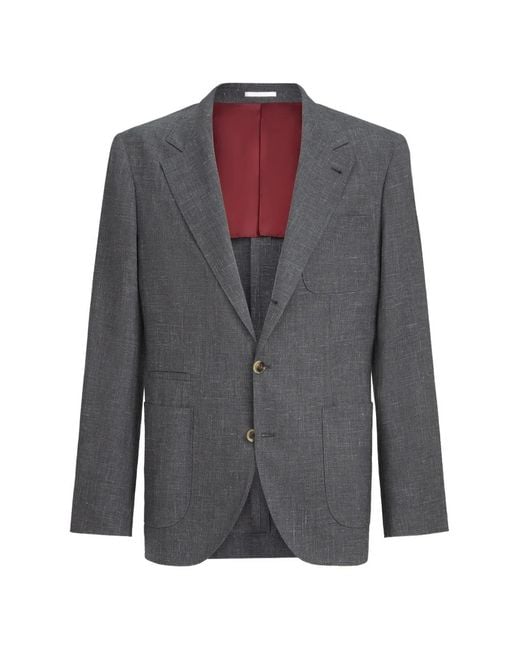 Brunello Cucinelli Gray Blazer Déstructuré En Fresco De Laine, Soie Et Lin À Poches Plaquées for men