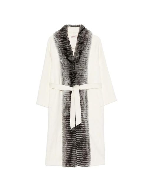 Liska White Fur-Trim Belted Coat