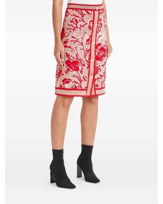 Temperley London Red Francis Floral-Pattern Buttoned Knit Midi Skirt