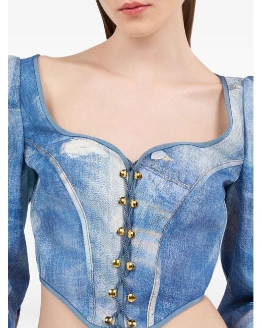 Roberto Cavalli Blue Patchwork-Effect Corset Top