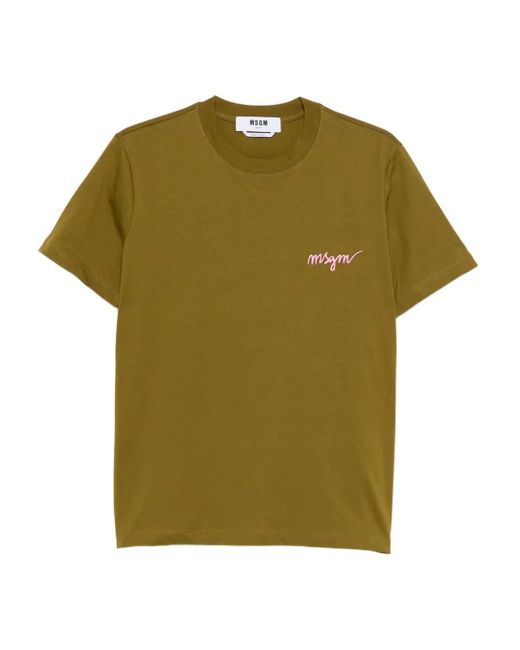 MSGM Green Logo-Embroidered Cotton T-Shirt