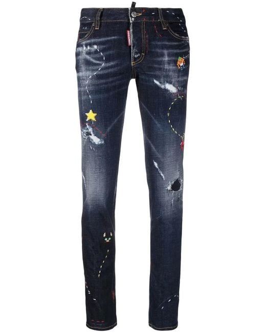 DSquared² Blue Low-Rise Embroidered Skinny Jeans