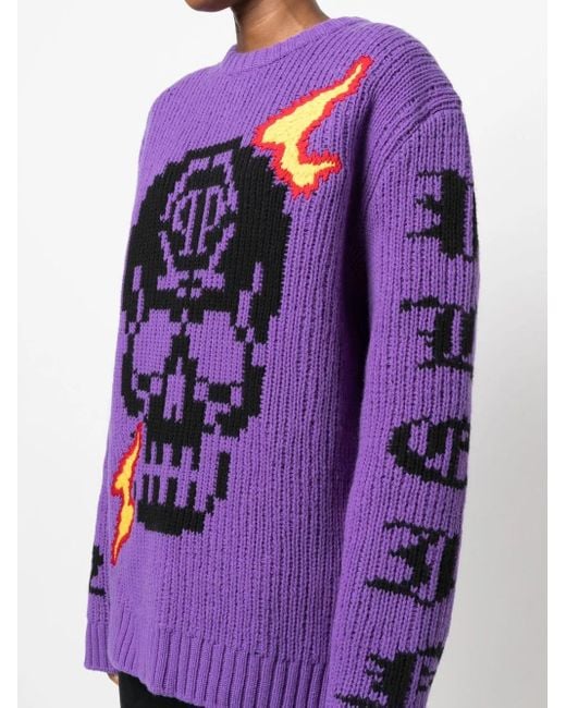 Philipp Plein Purple Skull Intarsia-Knit Jumper