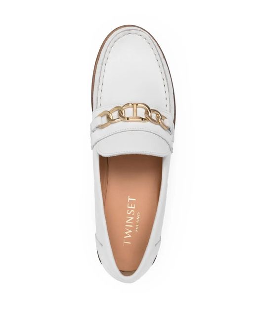 Twinset White Chain-Detail Leather Loafers