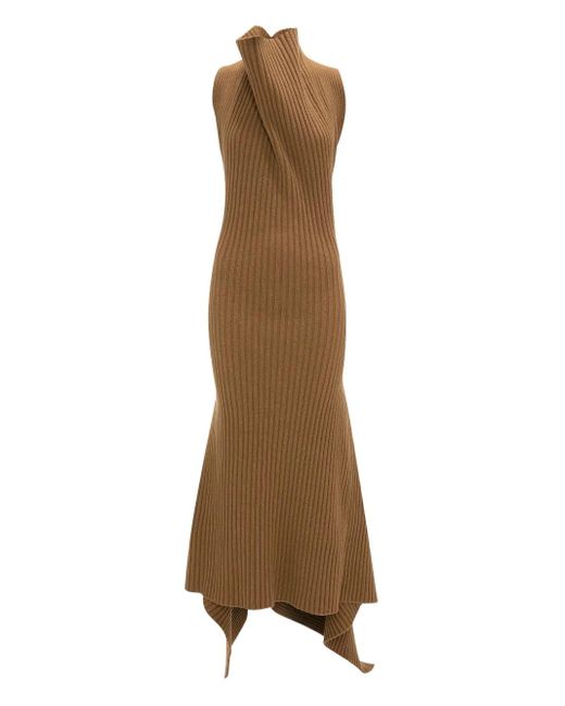 Victoria Beckham Natural Ribbed Draped Midi Dress