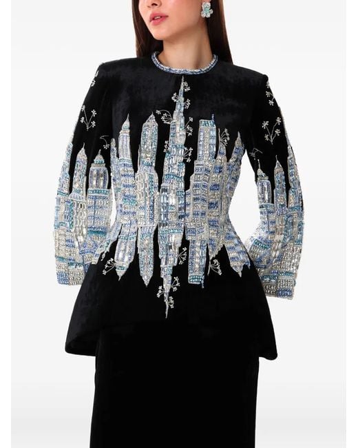 Dina Melwani Black Crystal Embroidered Velvet Maxi Dress
