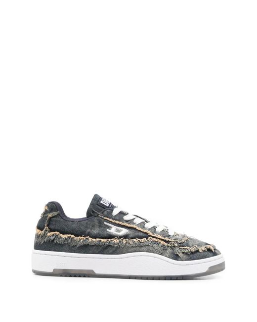DIESEL White Distressed Denim Sneakers With Frayed Edges And Translucent Outsole for men