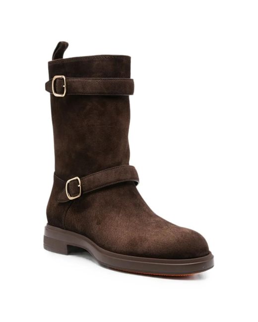 Santoni Brown Buckle-Strap Suede Boots