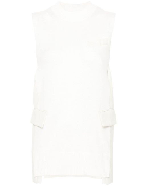 Sacai White Panelled-design Ribbed Knitted Top