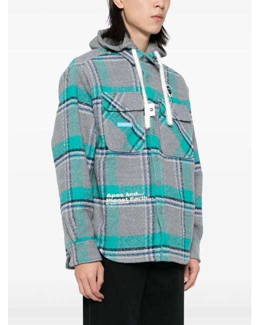 Aape By A Bathing Ape Blue Check-Pattern Hooded Wool-Blend Jacket for men