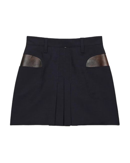 Prada Blue Leather-Pocket Pleated Mini Skirt
