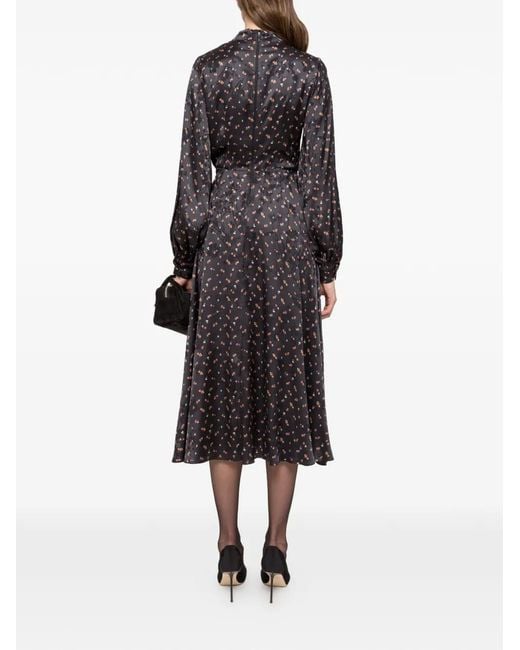 Nissa Black Printed Tie-Detail Midi Dress