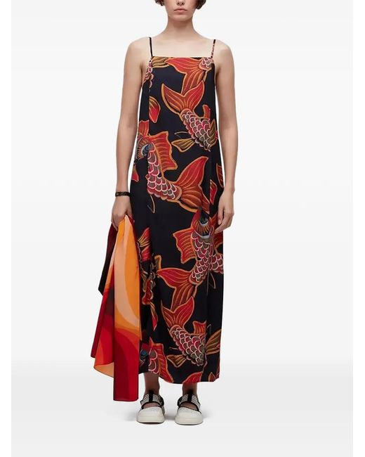 Osklen Red Fish-Print Spaghetti-Strap Dress