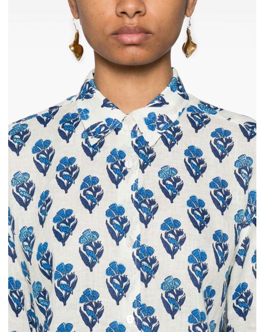 Mc2 Saint Barth Blue Meredith Floral-print Linen Shirt