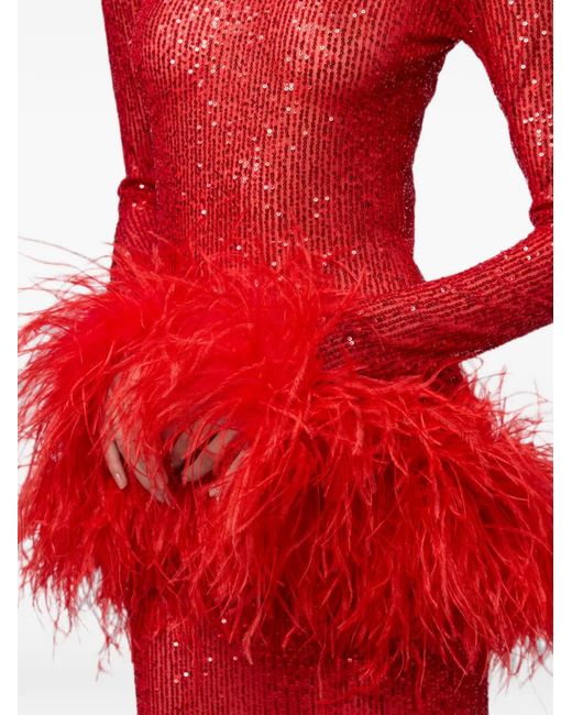 Atu Body Couture Red Sequin-Embellished Feather-Trim Maxi Dress