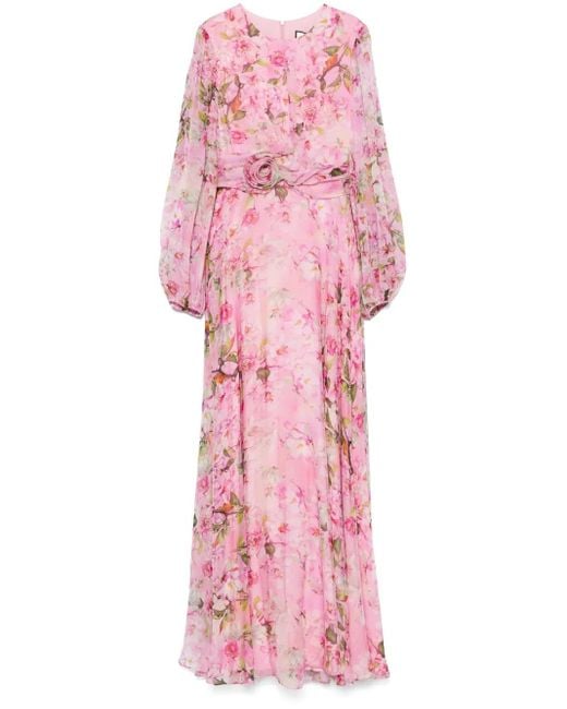 Robe Longue En Soie À Fleur Oversize Appliquée Nissa en coloris Pink
