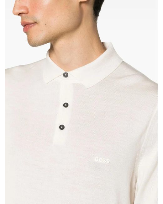 Boss White Logo-Embroidered Virgin Wool Polo Shirt for men
