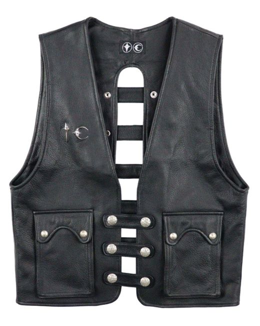 THUG CLUB Black Stud-embellished Leather Vest for men