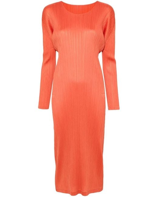 Pleats Please Issey Miyake Red Robe Mi-Longue À Design Plissé