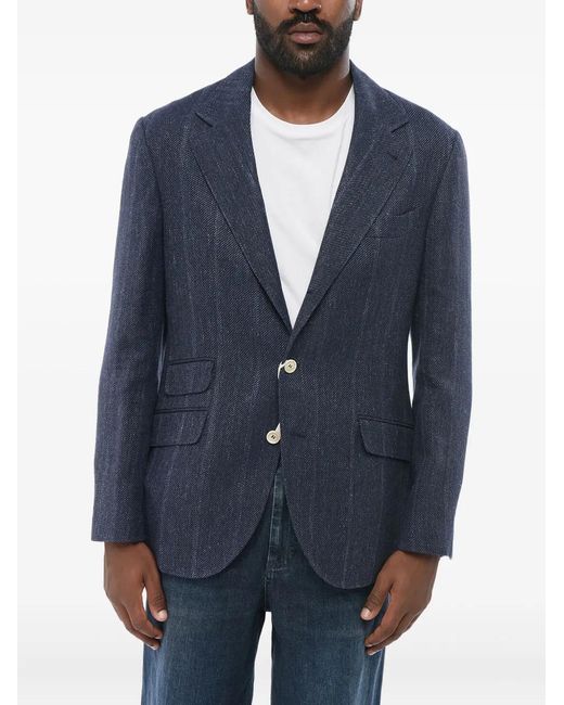 Brunello Cucinelli Blue Single-Breasted Linen Blazer for men