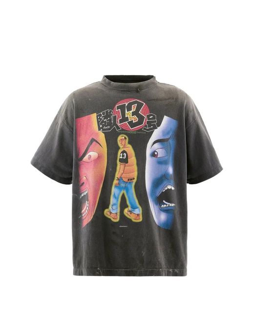 SAINT Mxxxxxx Gray X Santastic! X Geeks Rule Graphic-Print Washed T-Shirt for men