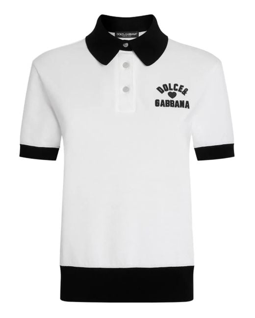 Dolce & Gabbana White Logo-Embroidered Cotton Polo Top