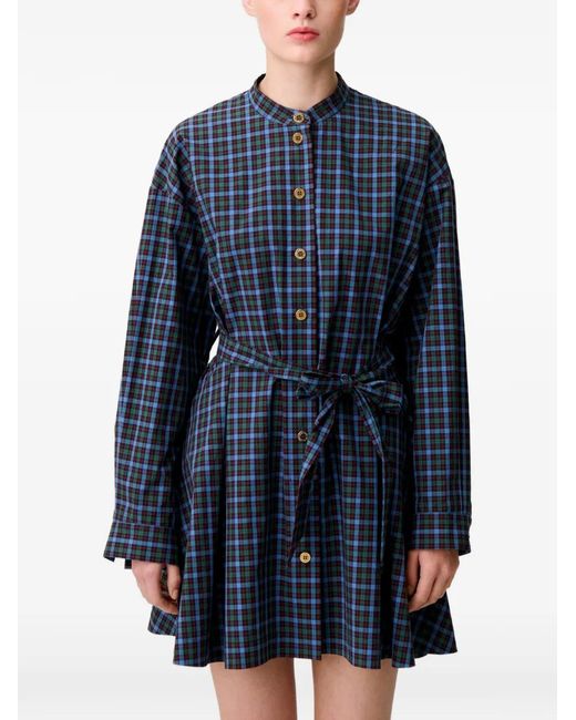 Claudie Pierlot Blue Checked Cotton Shirt Dress