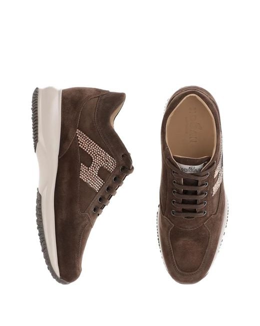 Hogan Brown Crystal-Embellished Suede Sneakers