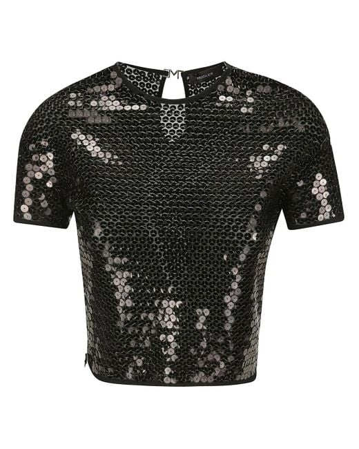 Blusa A Maniche Corte Con Paillettes di Mugler in Black