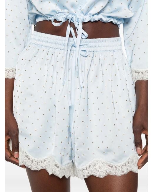 Sandro Blue Lace-Trim Rhinestone-Embellished Shorts