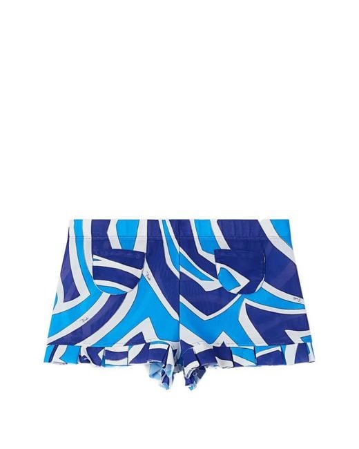 Emilio Pucci Blue Labirinto Iride-Print Ruffled Shorts
