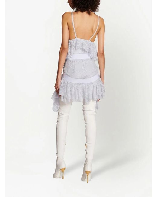 Balmain White Lace-Panelled Ruffle Mini Dress